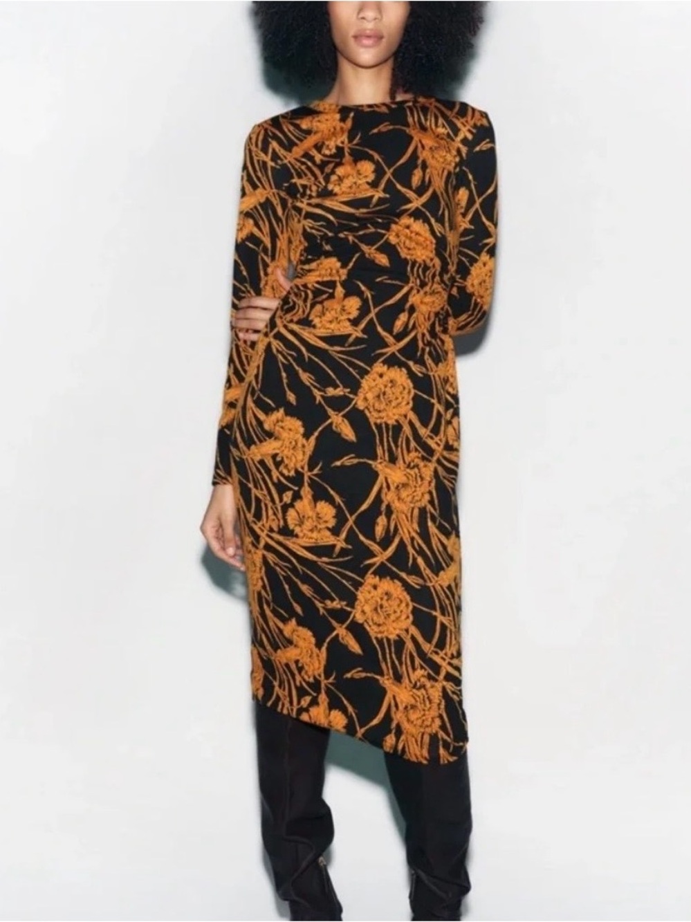 Zara Black Midi Dress with Burnt Orange Floral Print, Size L